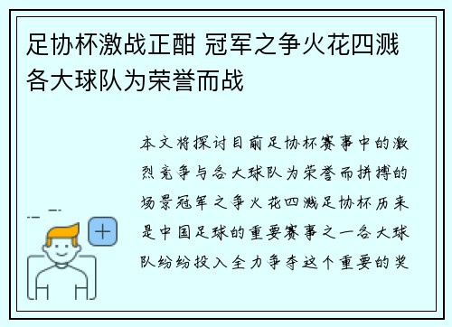 足协杯激战正酣 冠军之争火花四溅 各大球队为荣誉而战