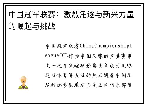 中国冠军联赛：激烈角逐与新兴力量的崛起与挑战