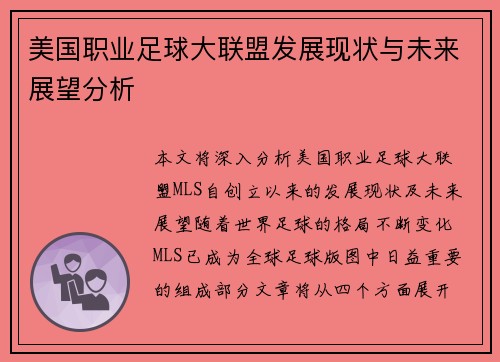 美国职业足球大联盟发展现状与未来展望分析